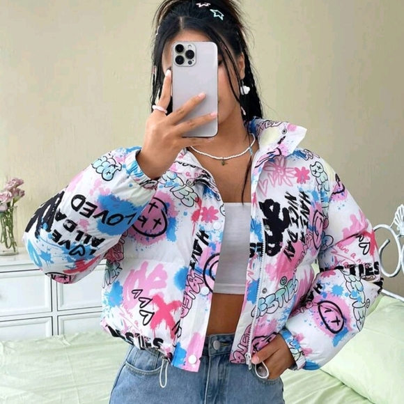 Jackets & Blazers - Graffiti Print Drop Shoulder Drawstring Hem Padded Coat